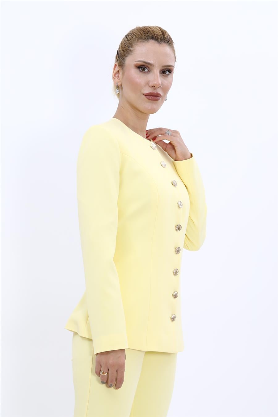 Sıfır Yaka Boydan Düğmeli Ceket-Sarı - 1064100