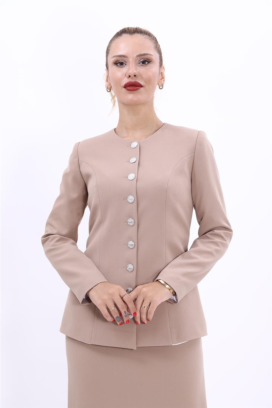 Sıfır Yaka Boydan Düğmeli Ceket-Taş - 1064100