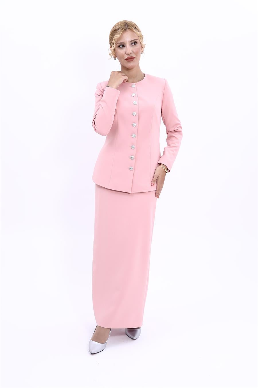 Sıfır Yaka Boydan Düğmeli Ceket & Uzun Düz Dar Etek-Pudra - 1064553
