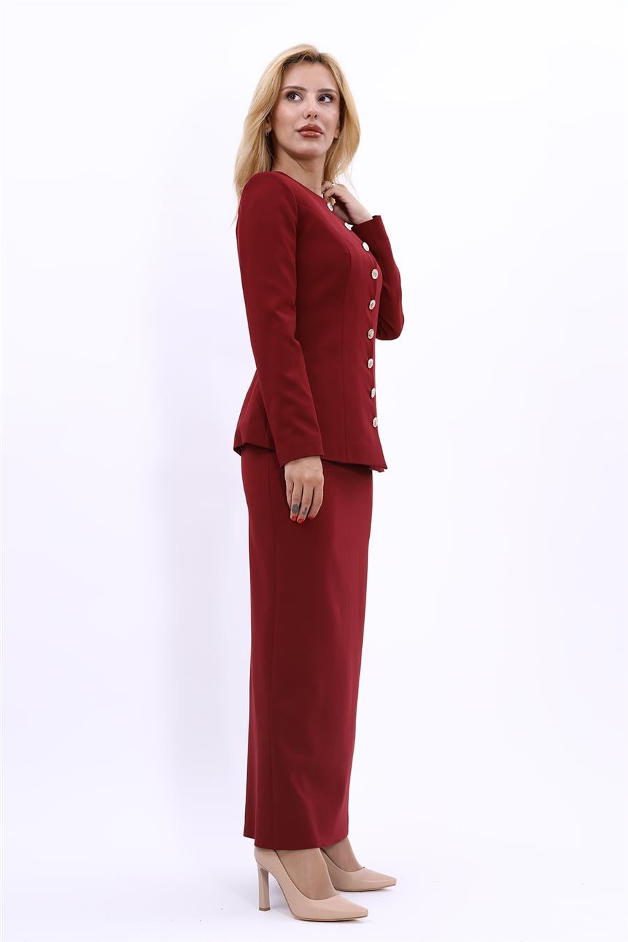 Sıfır Yaka Boydan Düğmeli Ceket & Uzun Düz Dar Etek-Bordo - 1064553