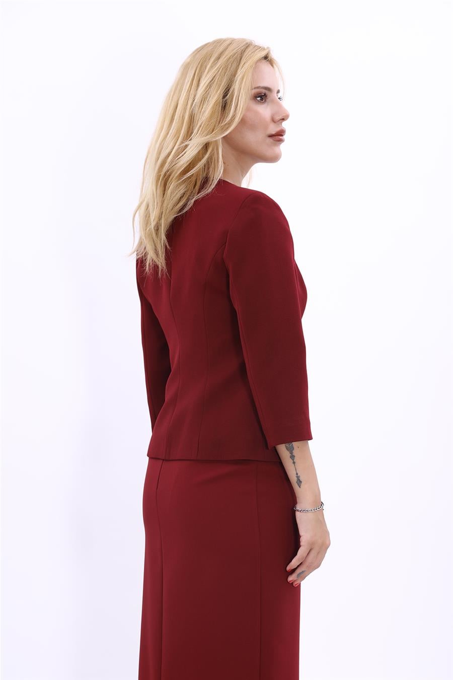 Sıfır Yaka Düz Kısa Ceket-Bordo - 1015100