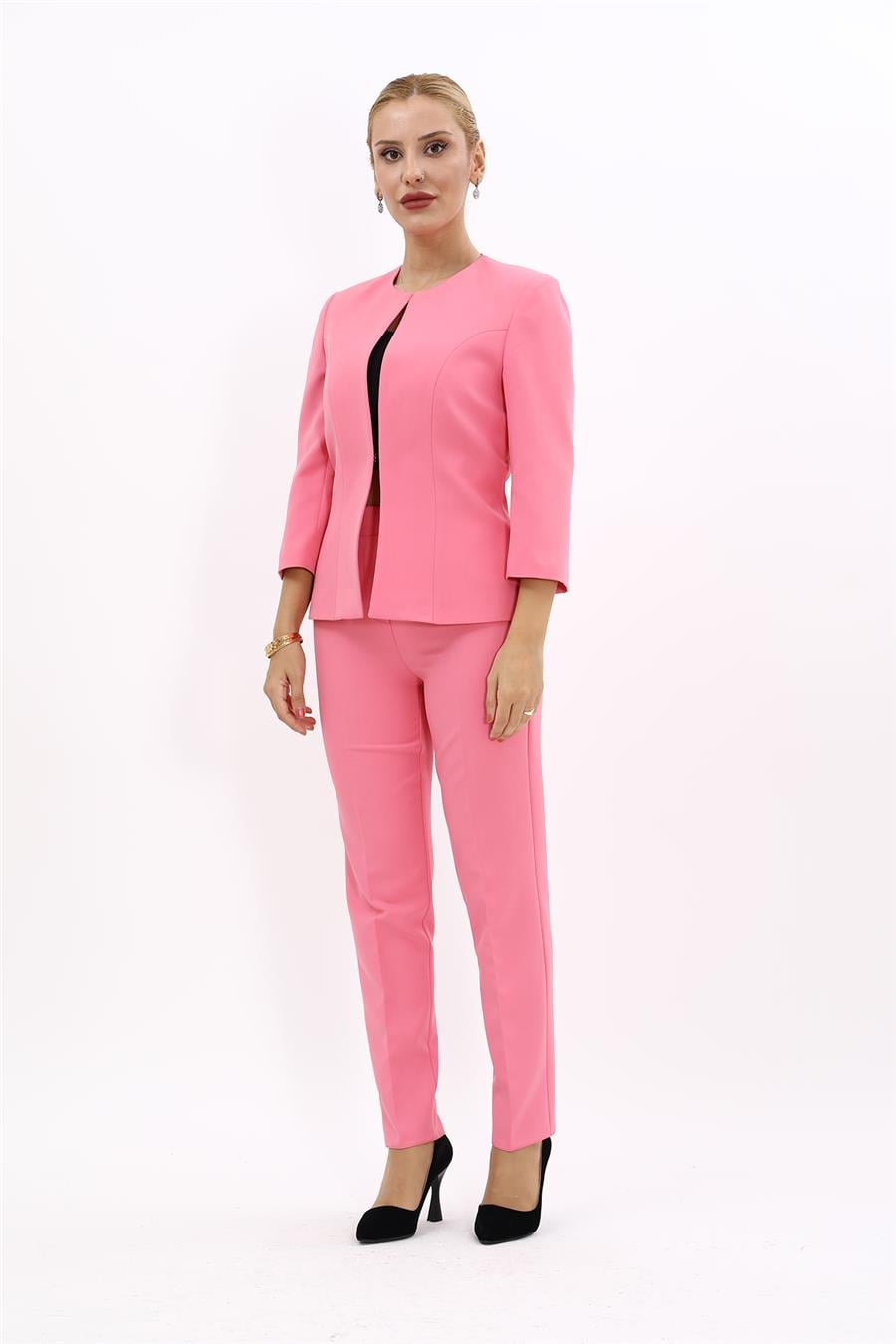 Sıfır Yaka Düz Kısa Ceket &  Dar Paça Pantolon-Pembe - 1015510