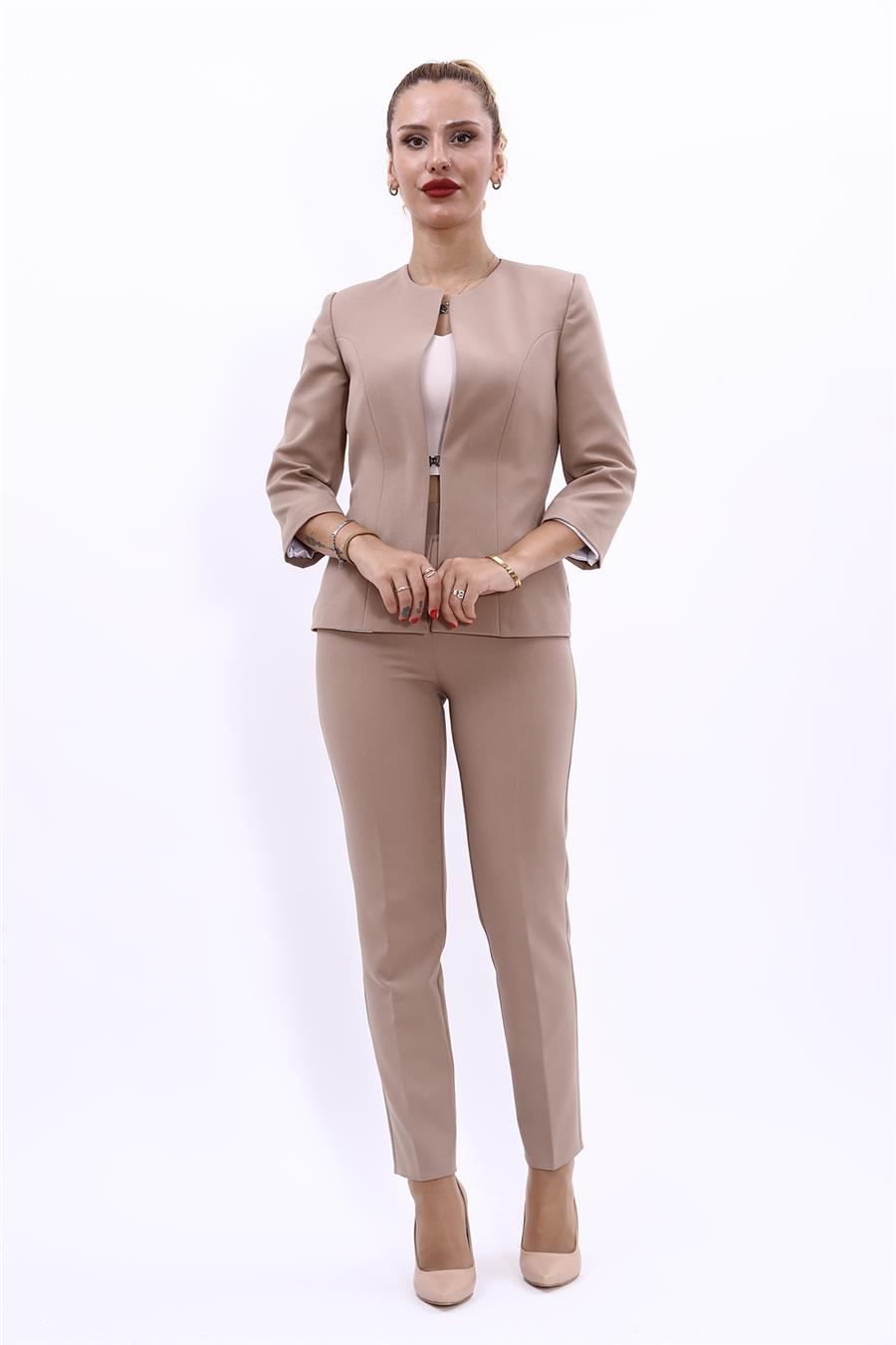 Sıfır Yaka Düz Kısa Ceket & Dar Paça Pantolon-Taş - 1015510