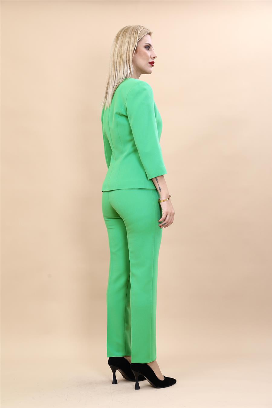Sıfır Yaka Düz Kısa Ceket &  Dar Paça Pantolon-Yeşil - 1015510