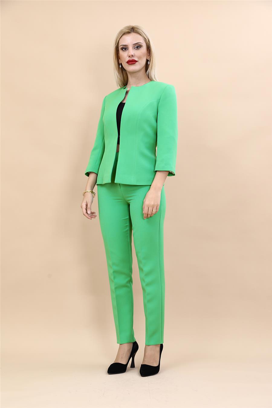 Sıfır Yaka Düz Kısa Ceket &  Dar Paça Pantolon-Yeşil - 1015510