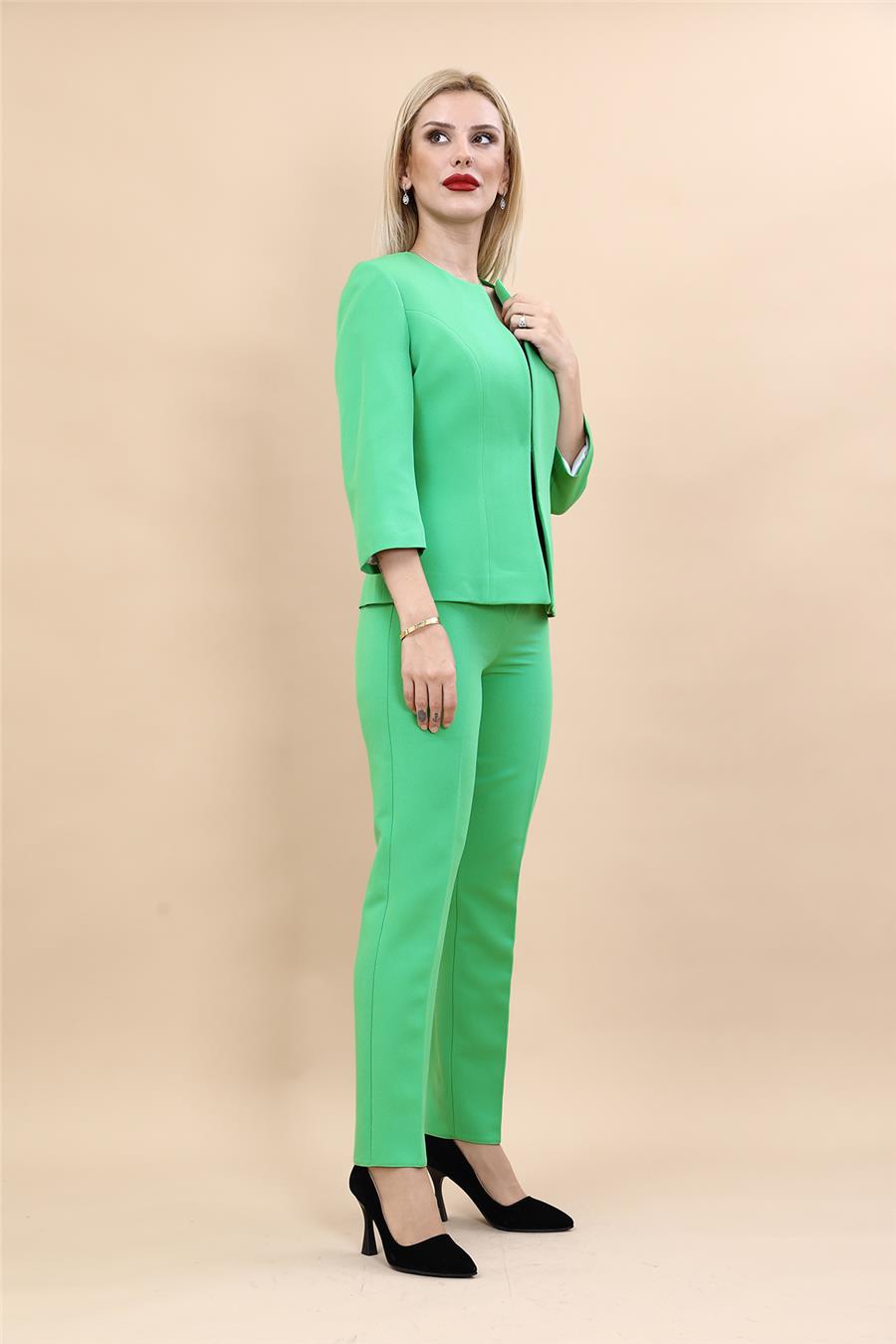 Sıfır Yaka Düz Kısa Ceket &  Dar Paça Pantolon-Yeşil - 1015510
