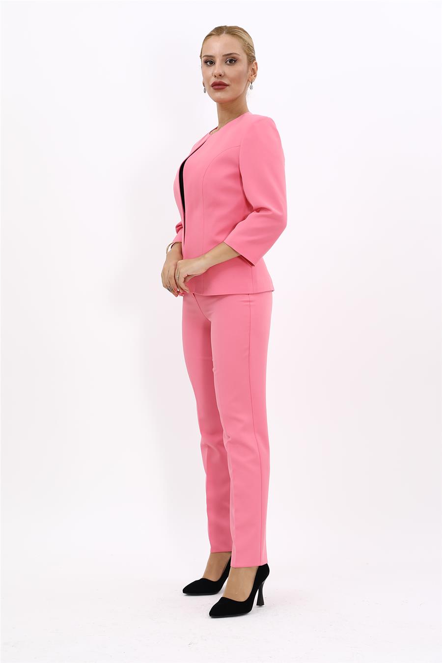 Sıfır Yaka Düz Kısa Ceket &  Dar Paça Pantolon-Pembe - 1015510