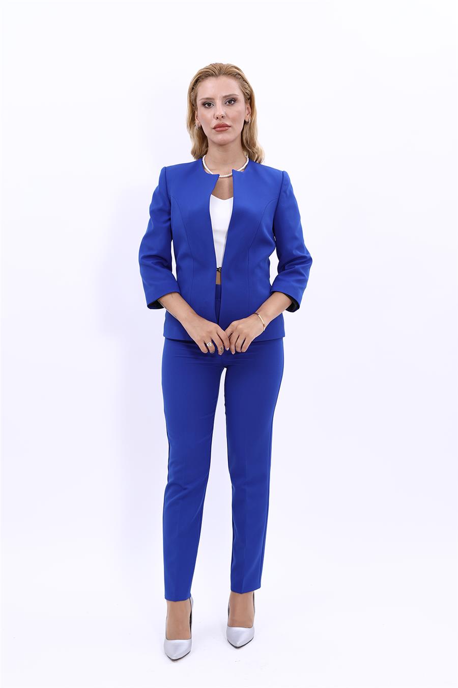Sıfır Yaka Düz Kısa Ceket &  Dar Paça Pantolon-Saks - 1015510