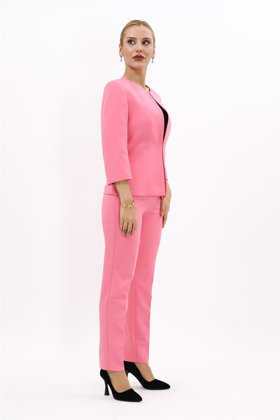 Sıfır Yaka Düz Kısa Ceket &  Dar Paça Pantolon-Pembe - 1015510