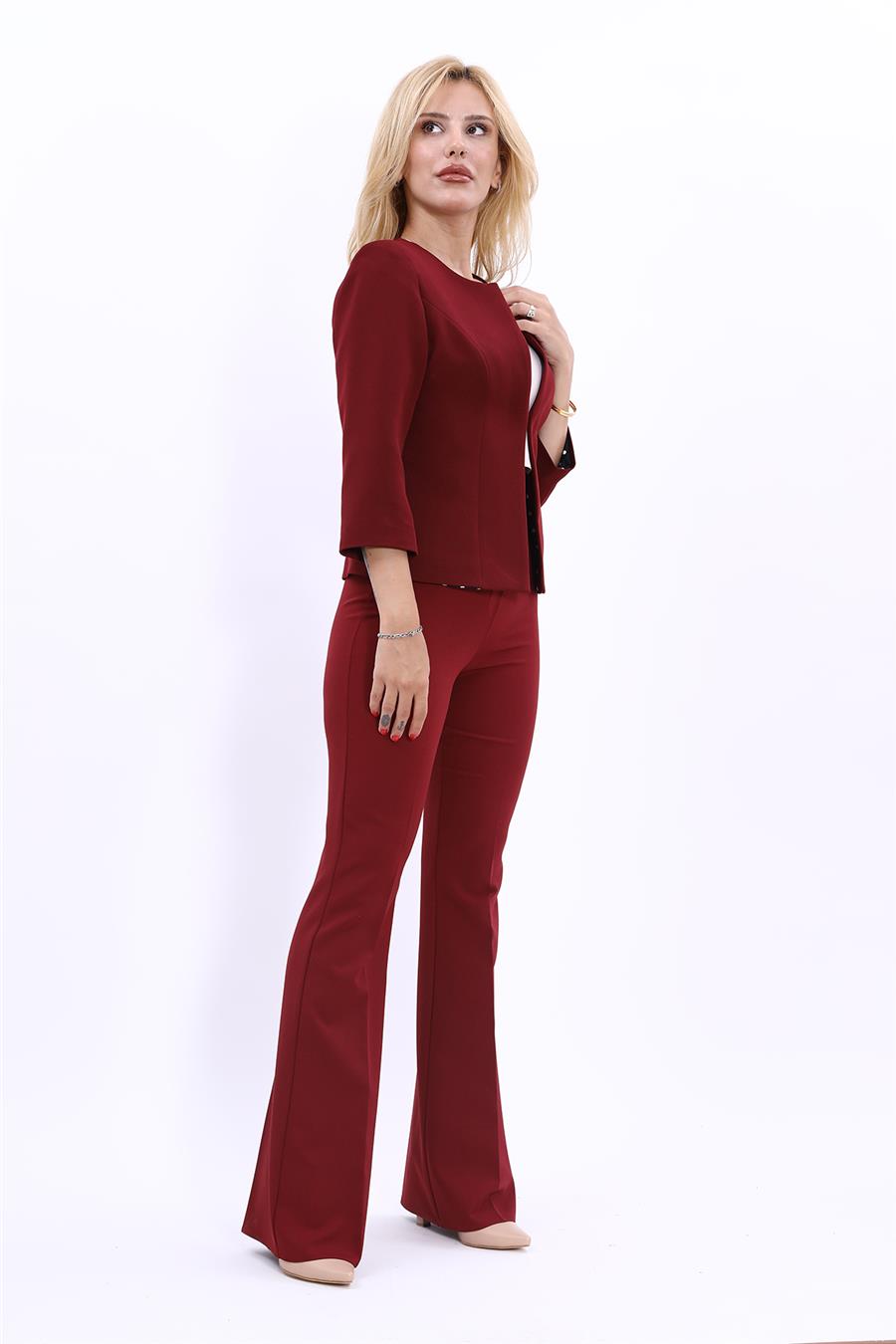 Sıfır Yaka Düz Kısa Ceket &  İspanyol Paça Pantolon-Bordo - 1015530