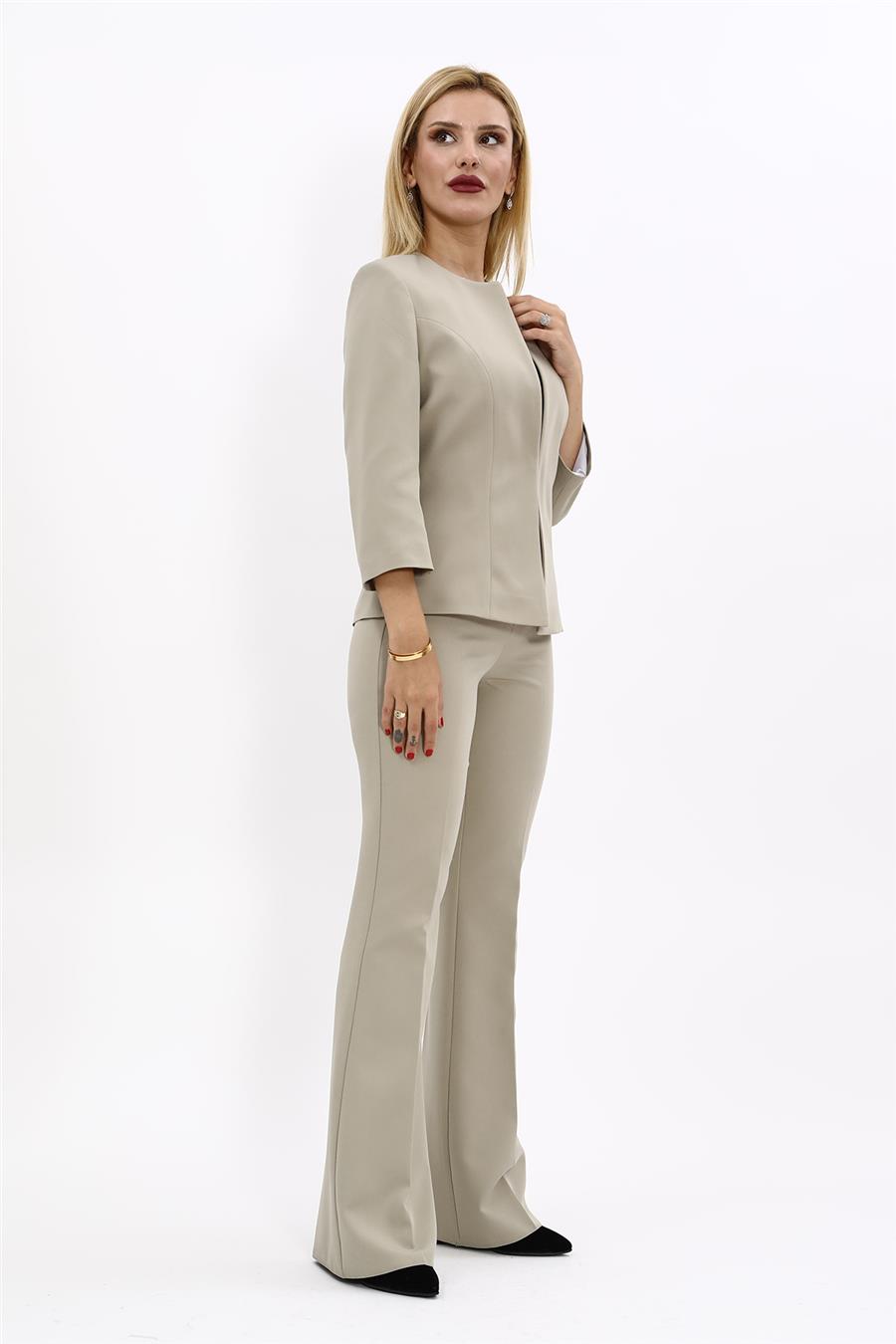 Sıfır Yaka Düz Kısa Ceket & İspanyol Paça Pantolon-Bambu - 1015530