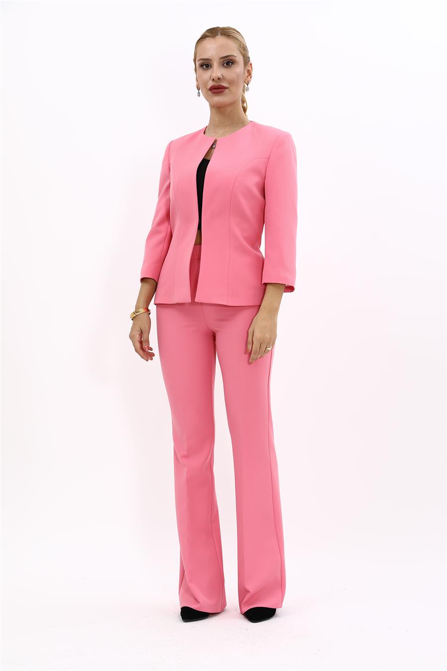 Sıfır Yaka Düz Kısa Ceket & İspanyol Paça Pantolon-Pembe - 1015530
