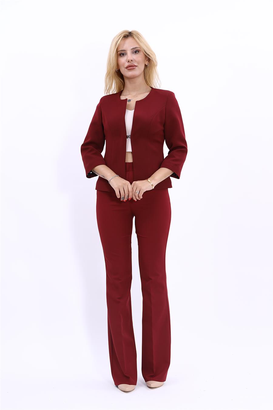Sıfır Yaka Düz Kısa Ceket &  İspanyol Paça Pantolon-Bordo - 1015530