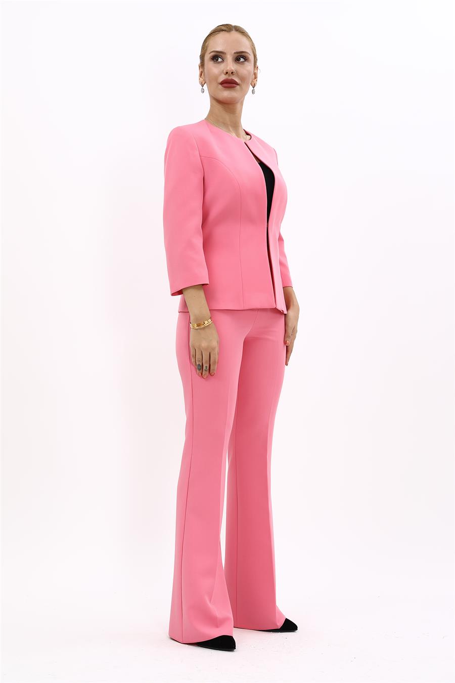 Sıfır Yaka Düz Kısa Ceket & İspanyol Paça Pantolon-Pembe - 1015530