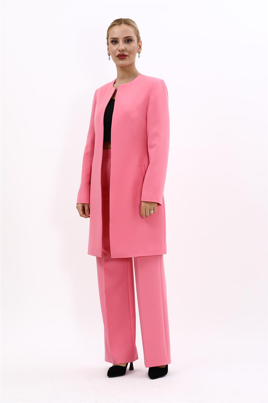 Sıfır Yaka Düz Uzun Ceket & Bol Paça Pantolon-Pembe - 1005520