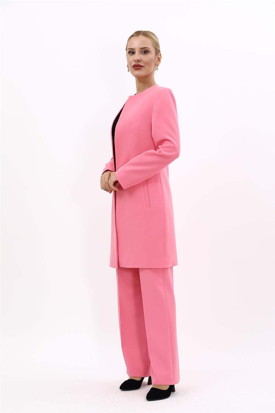 Sıfır Yaka Düz Uzun Ceket & Bol Paça Pantolon-Pembe - 1005520