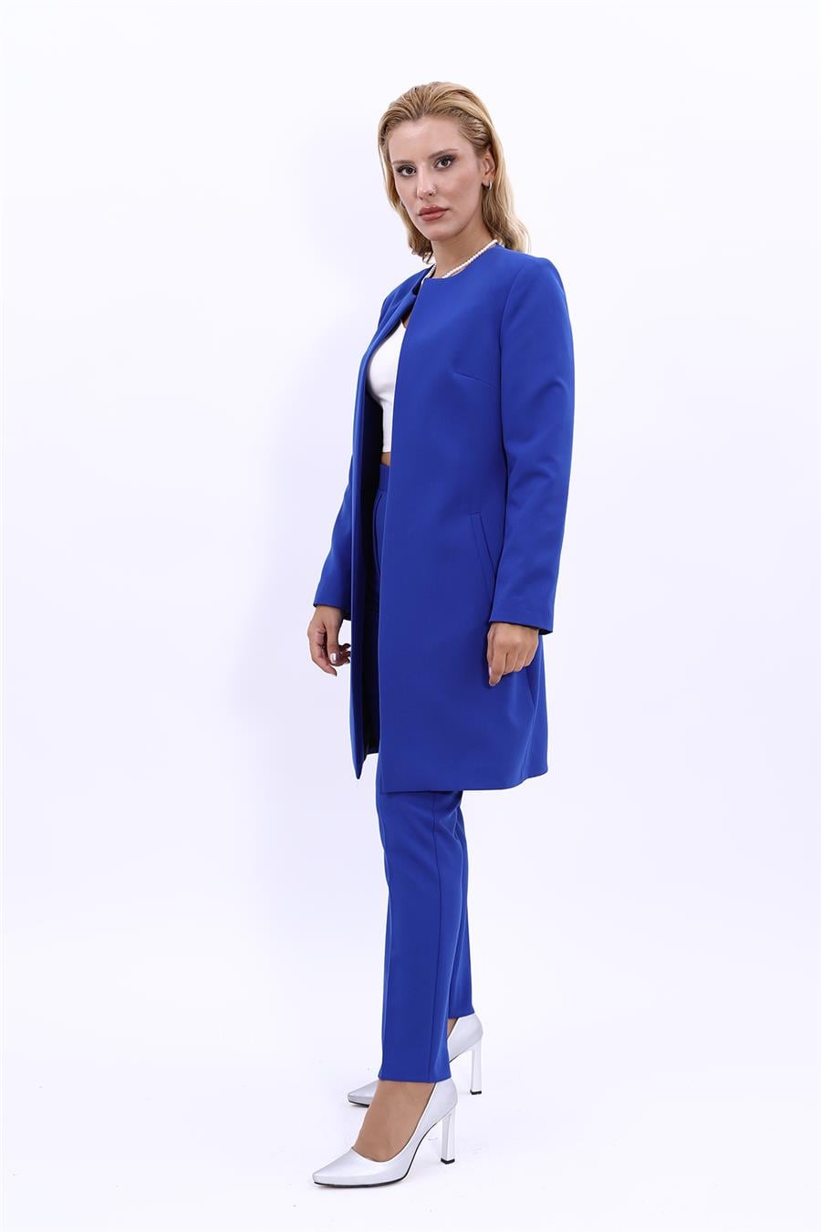 Sıfır Yaka Düz Uzun Ceket & Dar Paça Pantolon-Saks - 1005510