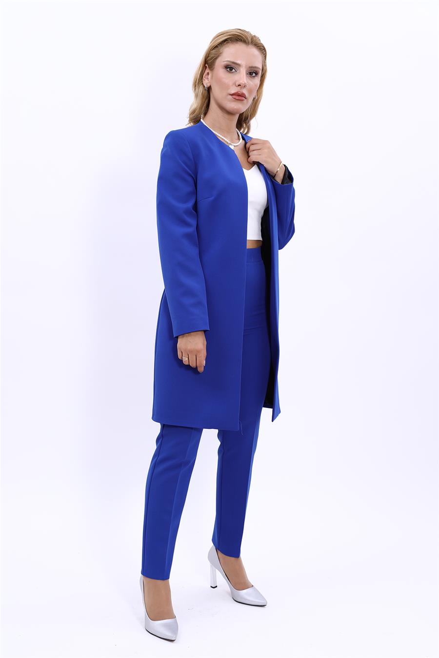 Sıfır Yaka Düz Uzun Ceket & Dar Paça Pantolon-Saks - 1005510