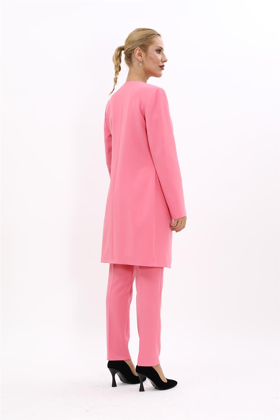 Sıfır Yaka Düz Uzun Ceket & Dar Paça Pantolon-Pembe - 1005510