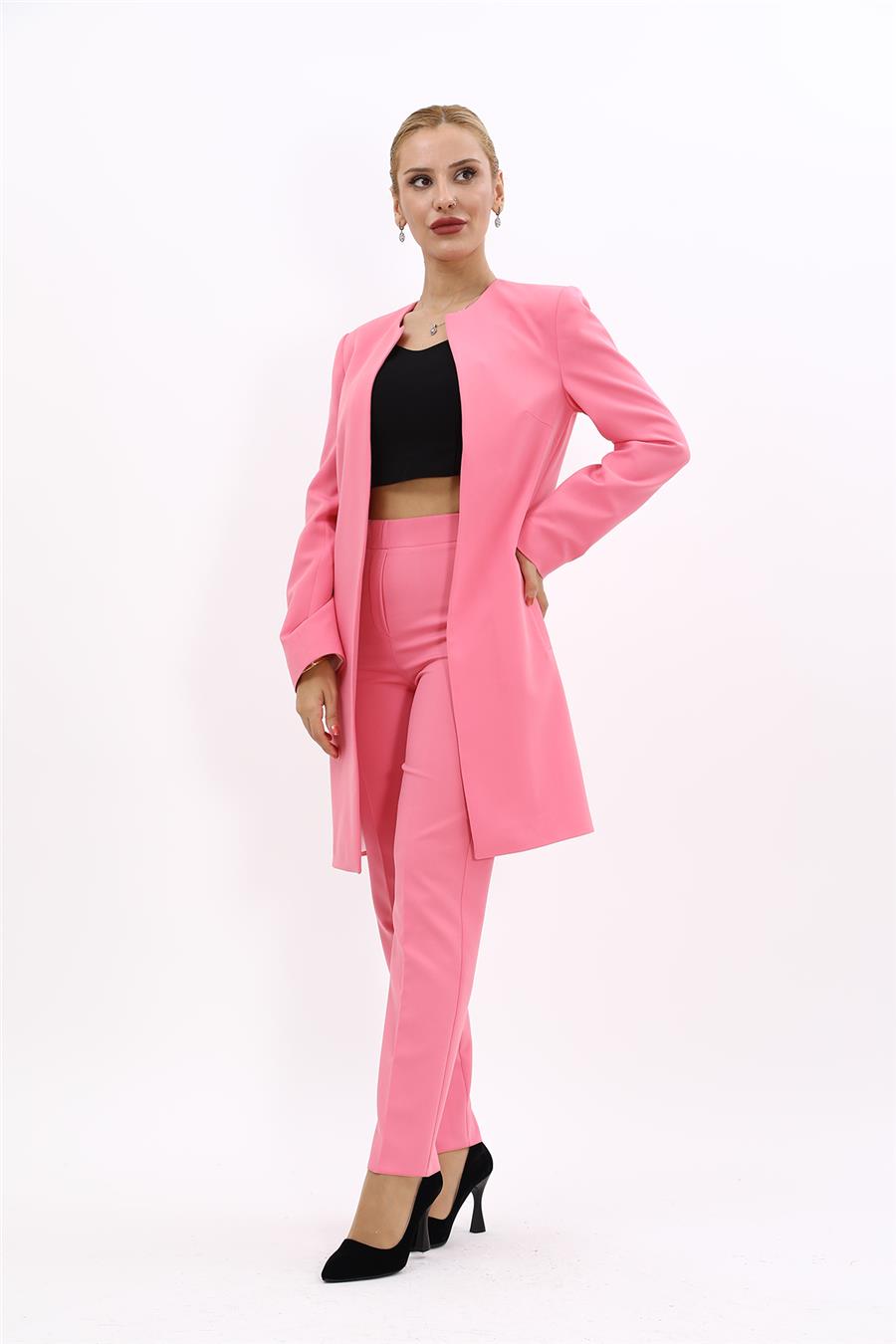 Sıfır Yaka Düz Uzun Ceket & Dar Paça Pantolon-Pembe - 1005510