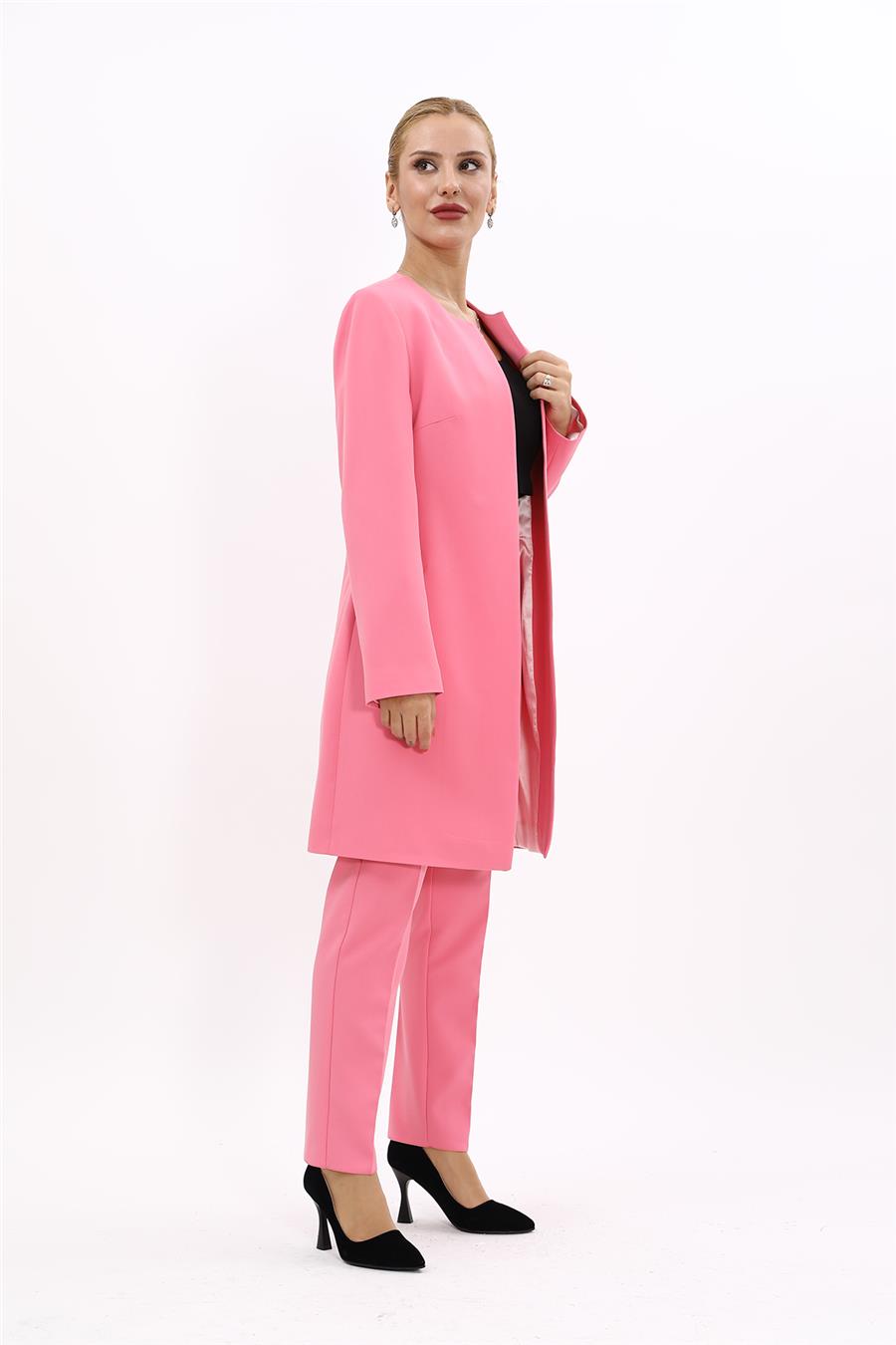 Sıfır Yaka Düz Uzun Ceket & Dar Paça Pantolon-Pembe - 1005510