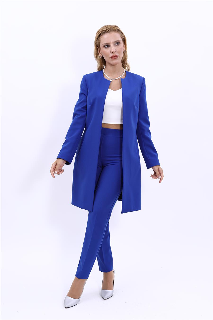 Sıfır Yaka Düz Uzun Ceket & Dar Paça Pantolon-Saks - 1005510