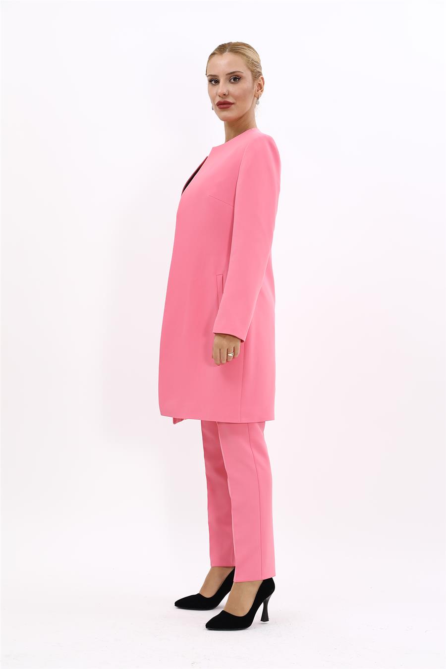 Sıfır Yaka Düz Uzun Ceket & Dar Paça Pantolon-Pembe - 1005510