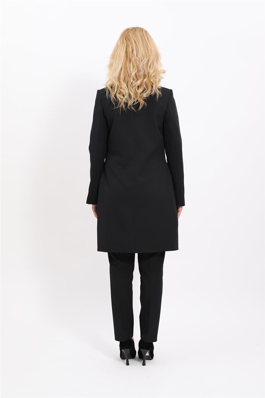 Sıfır Yaka Düz Uzun Ceket & Dar Paça Pantolon-Siyah