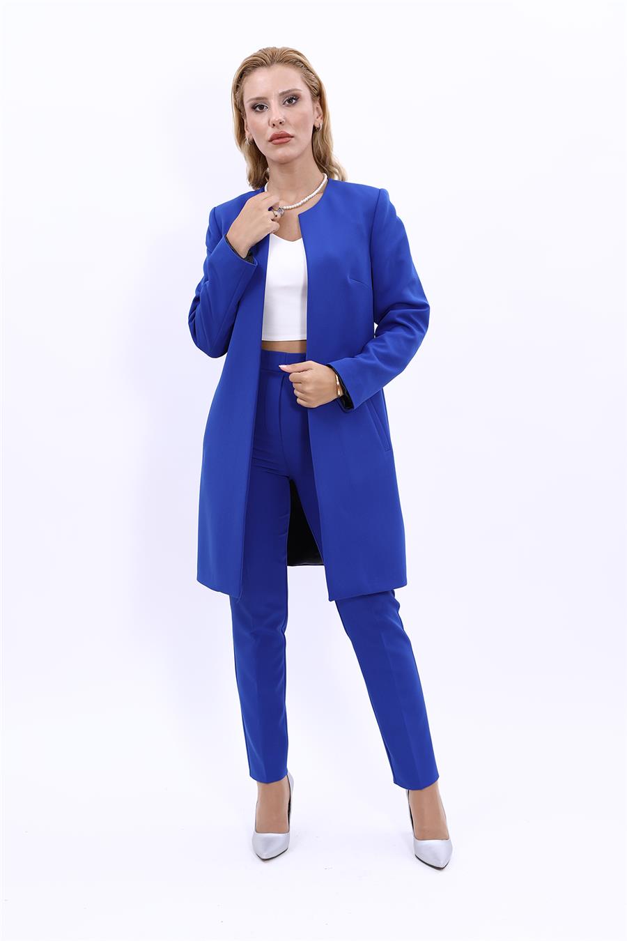 Sıfır Yaka Düz Uzun Ceket & Dar Paça Pantolon-Saks - 1005510