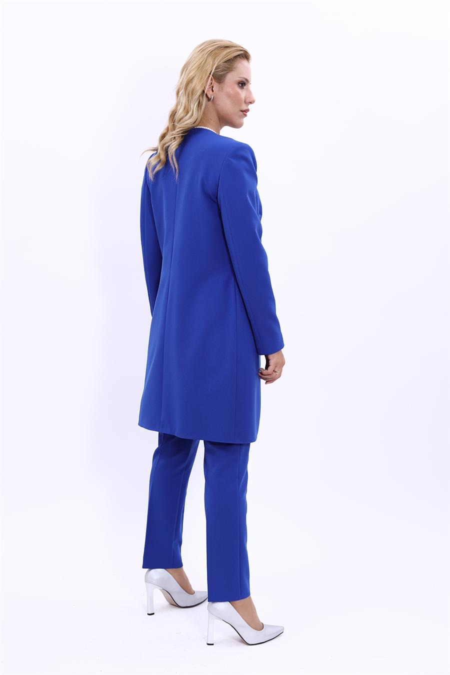 Sıfır Yaka Düz Uzun Ceket & Dar Paça Pantolon-Saks - 1005510