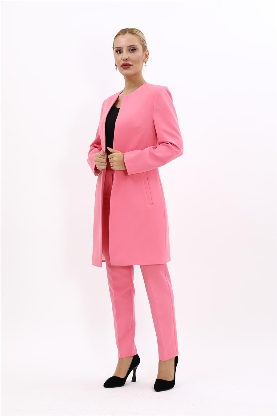 Sıfır Yaka Düz Uzun Ceket & Dar Paça Pantolon-Pembe - 1005510