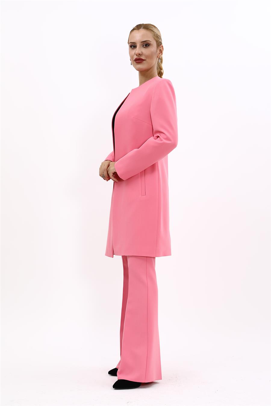 Sıfır Yaka Düz Uzun Ceket & İspanyol Paça Pantolon-Pembe - 1005530