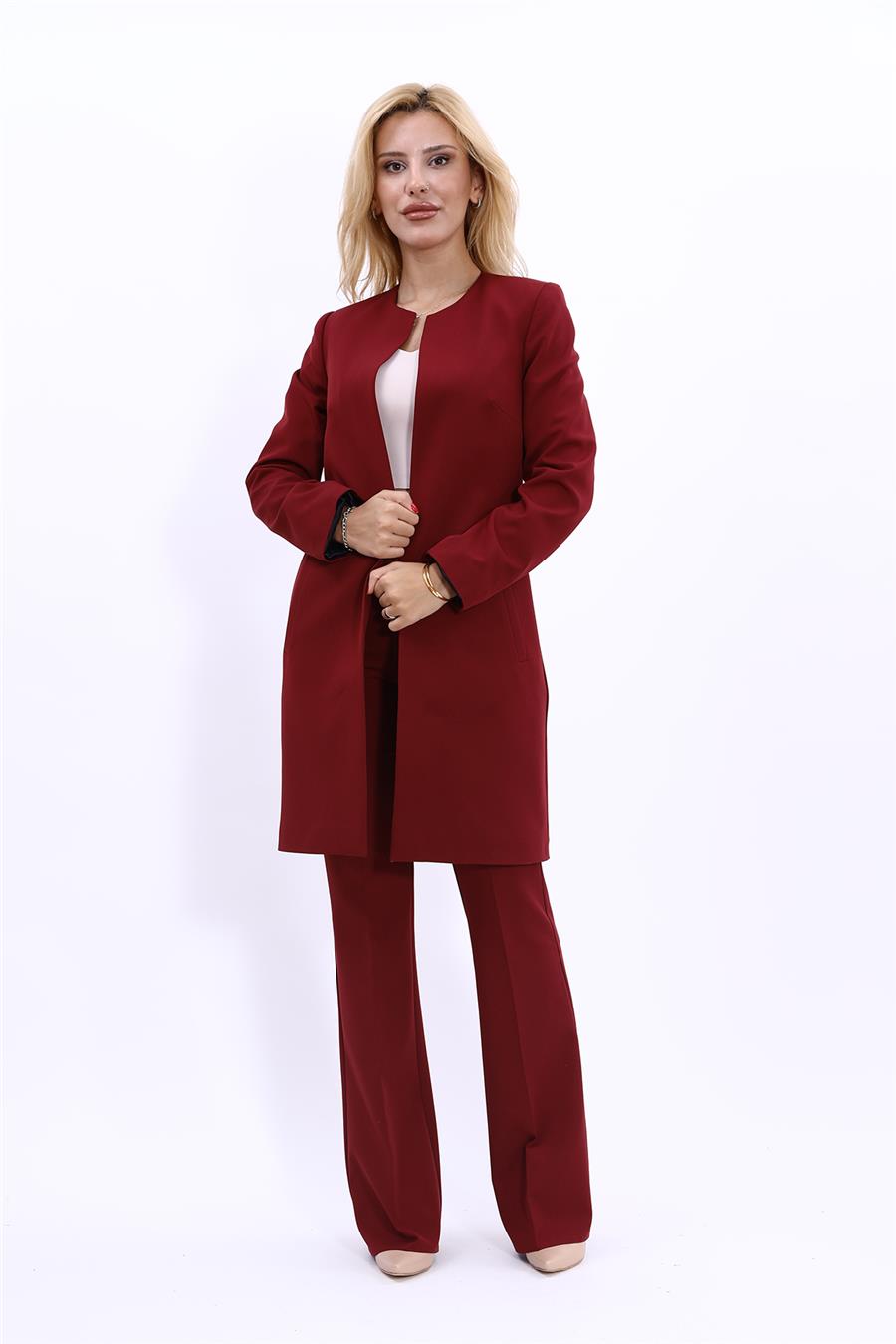 Sıfır Yaka Düz Uzun Ceket & İspanyol Paça Pantolon-Bordo - 1005530