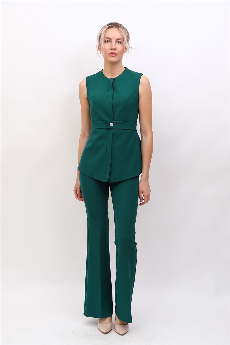 Sıfır Yaka Kemerli Yelek & İspanyol Paça Pantolon-Zümrüt