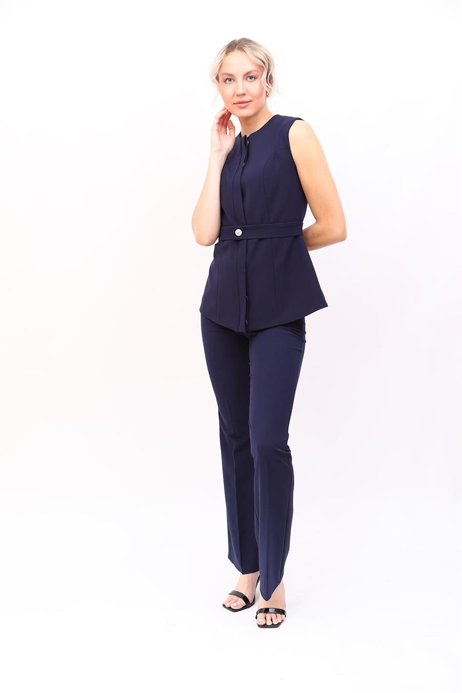 Sıfır Yaka Kemerli Yelek & İspanyol Paça Pantolon-Lacivert