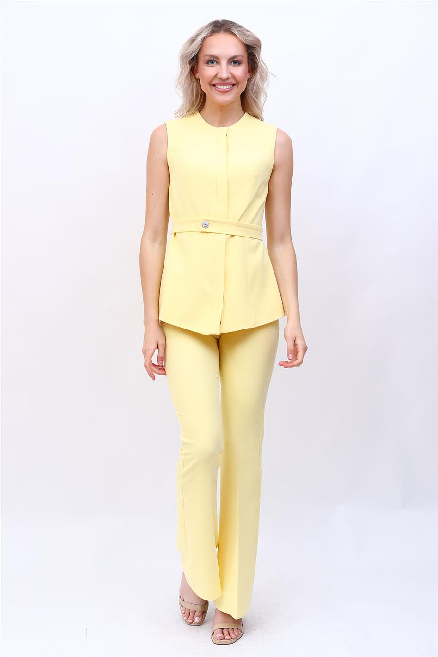 Sıfır Yaka Kemerli Yelek & İspanyol Paça Pantolon-Sarı
