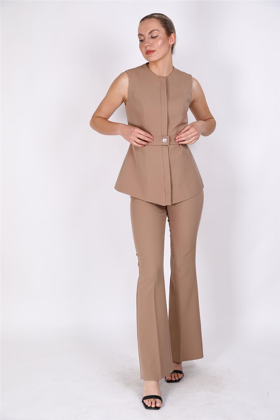 Sıfır Yaka Kemerli Yelek & İspanyol Paça Pantolon-Taş
