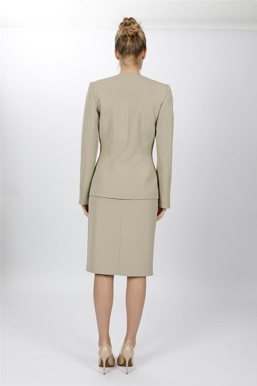 Sıfır Yaka Tek Düğme Spor Ceket & Kısa Kalem Etek Kadın Takım Elbise-Bambu - 1190540