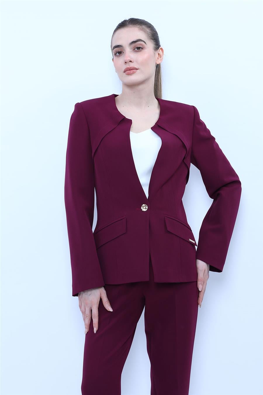 Sıfır Yaka Tek Düğme Spor Kadın Ceket-Mürdüm