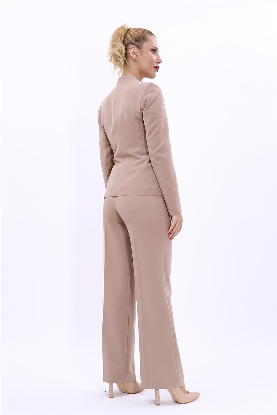 Tek Düğmeli Klasik Ceket & Bol Paça Pantolon-Taş - 1044520