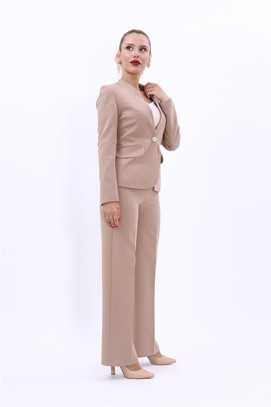 Tek Düğmeli Klasik Ceket & Bol Paça Pantolon-Taş - 1044520