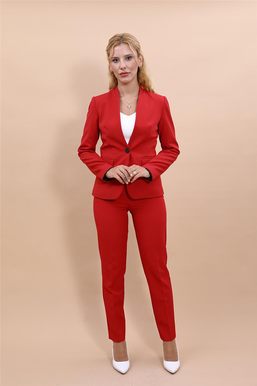 Tek Düğmeli Klasik Ceket & Dar Paça Pantolon-Kırmızı - 1044510