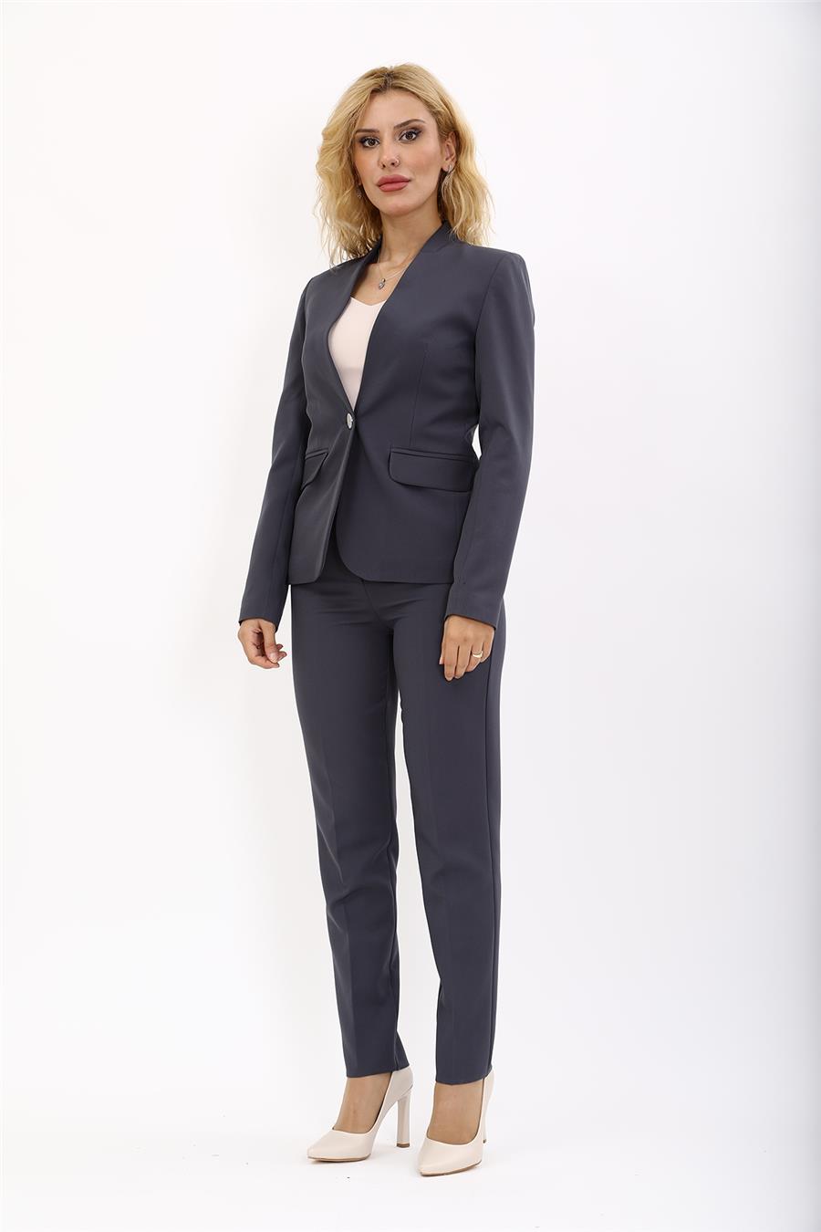 Tek Düğmeli Klasik Ceket & Dar Paça Pantolon-Füme - 1044510