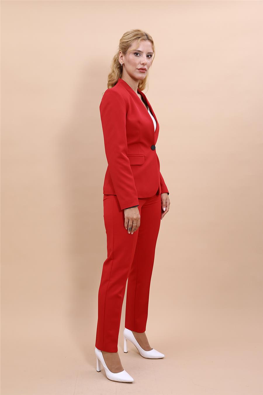 Tek Düğmeli Klasik Ceket & Dar Paça Pantolon-Kırmızı - 1044510