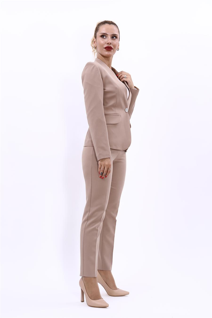 Tek Düğmeli Klasik Ceket & Dar Paça Pantolon-Taş - 1044510