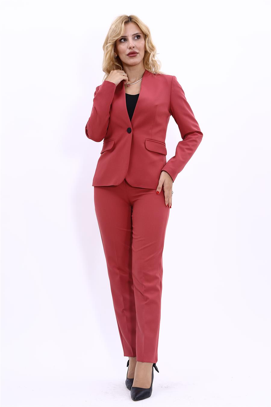 Tek Düğmeli Klasik Ceket & Dar Paça Pantolon-Kiremit - 1044510