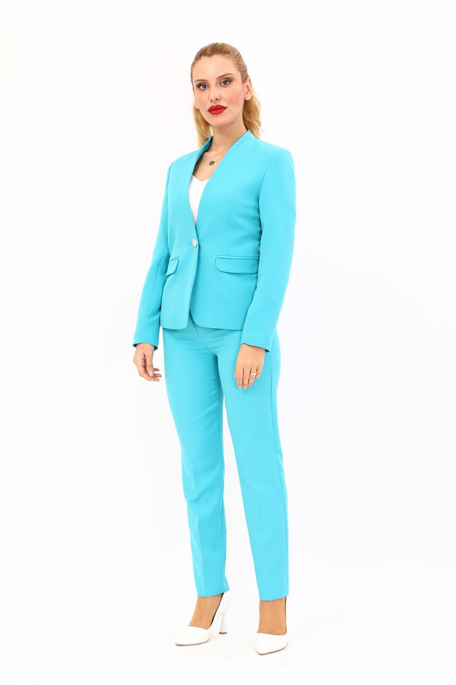 Tek Düğmeli Klasik Ceket & Dar Paça Pantolon-Turkuaz - 1044510