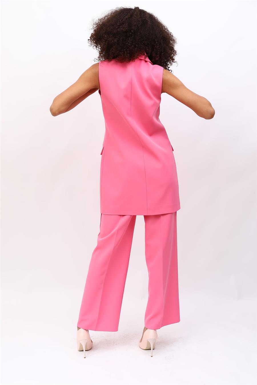 Tek Düğmeli Salaş Yelek & Bol Paça Pantolon Takım-Pembe - 1519520