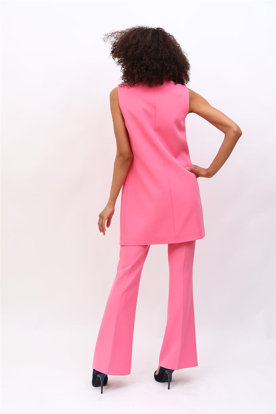 Tek Düğmeli Salaş Yelek &  İspanyol  Paça Pantolon Takım-Pembe - 1519530