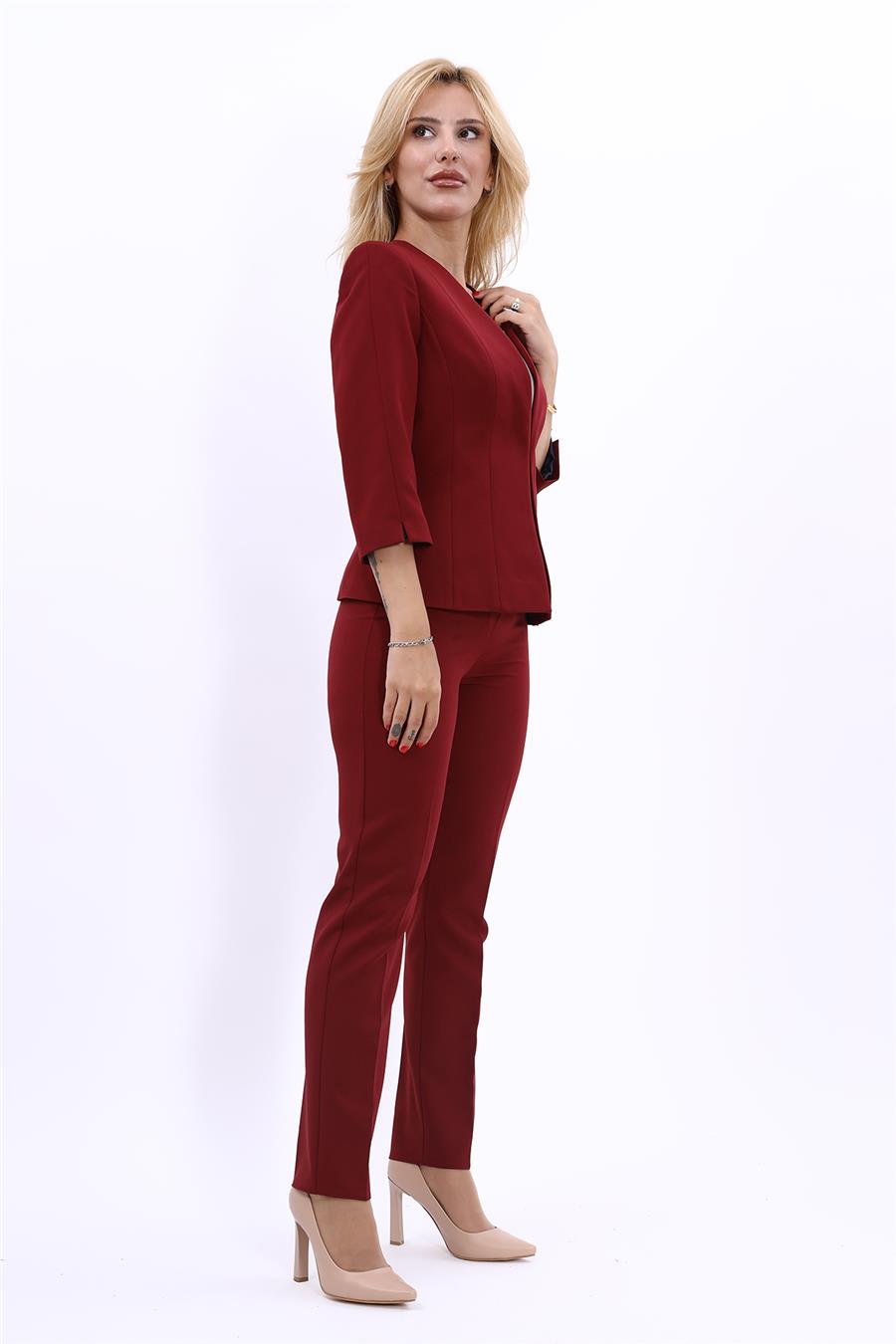 V Yaka Boydan Kuplu Kısa Ceket &  Dar Paça Pantolon-Bordo - 1016510
